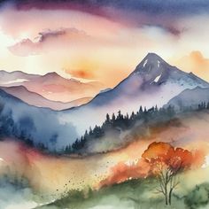 a watercolor painting of mountains and trees