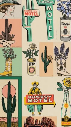 an assortment of motel signs and cactuses are depicted in this collage from the 1950's