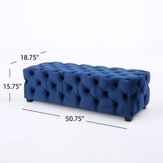 a blue tufted bench with measurements for the seat and footrests on it