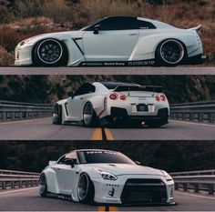 three different views of a white sports car on the road, one with its hood up and