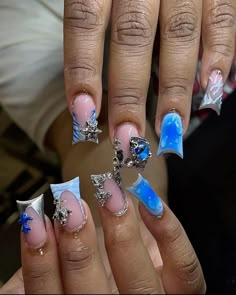 Xg Nails, Blue Short Nails, Short Nails Square, Junk Nails, Blue Acrylic Nails, Colored Acrylic Nails, Girly Acrylic Nails, French Tip Acrylic Nails