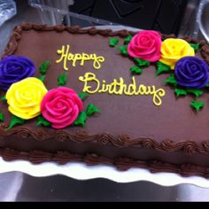 a chocolate birthday cake with roses on it