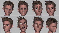 various facial expressions and hair styles for an animation character's face, head, and shoulders