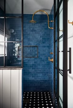 Houzz Tour: Moody Makeover for a Coastal New England Home Coastal New England Home, Blue Shower Tile, Blue Bathroom Tile, New England Homes, Inspire Me Home Decor, Upstairs Bathrooms, Blue Bathroom, Blue Tiles