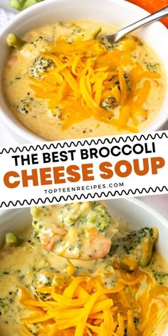 the best broccoli cheese soup in a white bowl