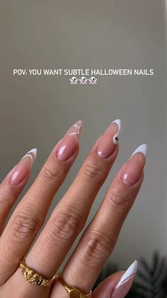 Almond Nail Ideas Halloween, Short Halloween Nails Almond, Cute Fall Nails Halloween, Almond Shape Nails Halloween, Neutral Nails Halloween, Alomd Nails Ideas Halloween, Spooky Halloween Nails French Tip, Halloween Almond Nails Design Simple, Simple Neutral Halloween Nails