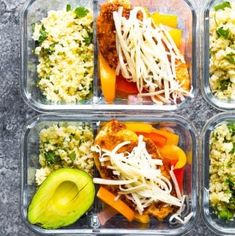 four plastic containers filled with different types of food and veggies on top of each other