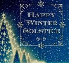 a happy winter solstice greeting card with trees and snowflakes in the background