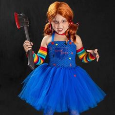 Halloween Cosplay Dresses For Girls Carnival Party Ghost Horror Cosplay Costume Masquerade Dress Up Light Up Dresses, Saying Hi, Childs Play Chucky, Horror Costume, Chucky Doll, Blue Halter Top, Halter Top Dresses, Tutu Costumes, Fantasias Halloween