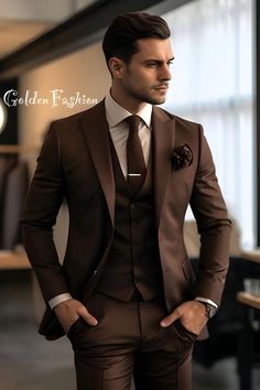 This is a Classy 3 Piece Suit by GoldenfashionStore /crafted from high quality fabric and imported materials. Our products are handcrafted by experienced tailors who make sure the that the stitching is precise, lining is proper and the overall product is sturdy enough to not go out of shape for more than a few years. Also all our products have extra margins in their length, sleeves, sides so it's easily alterable if your size changes after some time. To see more available colours and designs in Brown 3 Piece Suit Men, Men Wedding Clothes, 3 Piece Suit Men Wedding, Brown Suit Wedding, Brown Groomsmen, Brown Suits For Men, Brown Wedding Themes, 3 Piece Suit Men, Suit For Men Wedding