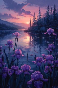 a painting of purple flowers in front of a lake with the sun setting behind them