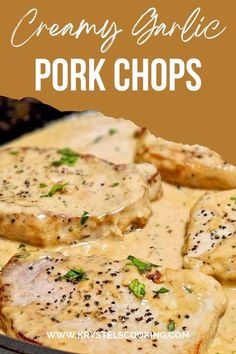 creamy garlic pork chops with gravy in a skillet