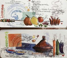 two watercolor paintings of vegetables and fruits on white paper with words written in black ink