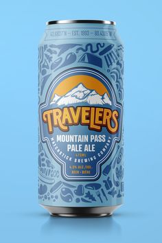 a can of traveler's mountain pass pale ale beer on a blue background with mountains in the distance