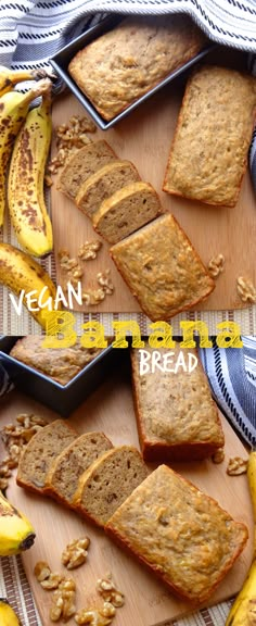 two pictures of banana nut bread on a cutting board