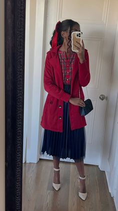 red, navy, gold, plaid, midi, pleated skirt, peacoat, classy, Christmas outfit, winter, modest outfit, church outfit, modest fashion