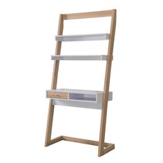 a white shelf with two drawers on it and a wooden frame around the bottom half