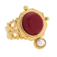 Colorful semi-precious stone handset in 24k gold plating. Genuine freshwater pearl detail Adjustable backing Handmade in San Antonio, Texas Susan Shaw, San Antonio Texas, Labradorite Ring, 24kt Gold, Rings Cool, Gold Filigree, Moonstone Ring, Ruby Ring, Black Rings