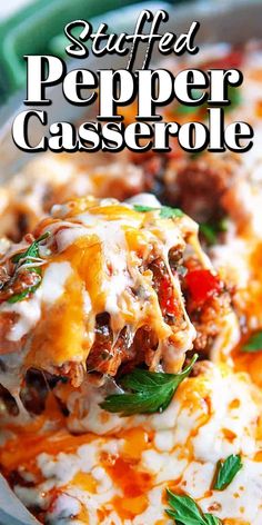 stuffed pepper casserole on a plate with cheese and green garnishes