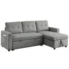 a gray sectional couch with storage underneath it