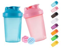 the shaker bottle is filled with different colored plastic cups and lids, along with several other items to choose from