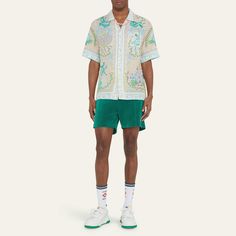 CASABLANCA camp shirt with allover Greek vase print Camp collar Concealed button placket Chest patch pocket Short sleeves Linen Dry clean Made in Italy Casablanca Fashion, Greek Vase, Greek Vases, Camp Shirt, Camping Shirt, Casablanca, Bergdorf Goodman, Shorts With Pockets, Button Placket