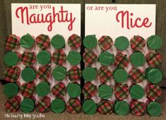 two cards with green and red plaid buttons on them, one says are you maughy or are you nice