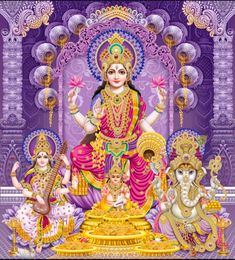 the hindu goddess with her attendants in purple and gold colors, surrounded by other deities