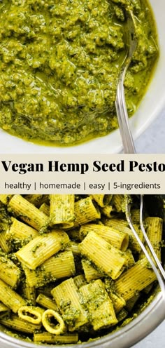 vegan hemp seed pesto in a bowl with a spoon