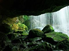 the inside of a cave with moss growing on rocks and water cascading down from it