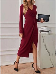 Women's Party Dress Red Christmas Dress Cocktail Dress Dress Midi Dress Wine Long Sleeve Pure Color Split Spring Fall Winter V Neck Winter Dress Christmas Dressy V-neck Holiday Dresses, Elegant Dress For Party Season, Solid Color Sheath Dress For Party, Solid Color Dresses For Date Night And Party Season, Elegant Solid Color Party Dress, Sheath Dress For Night Out In Solid Color, Winter Evening Midi-length Bodycon Dress, Solid Color Dresses For Night Out During Party Season, Solid Color Mini Party Dress