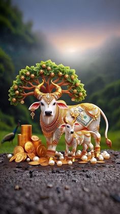 two cows standing next to each other on top of a pile of coins and gold coins