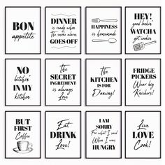 six black and white kitchen wall art prints with the words i am sorry, don't