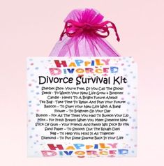 a sign that says happy divorce survival kit hanging from a pink ribbon on a white background