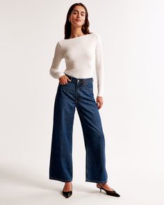 Elevate your wardrobe with the Abercrombie & Fitch Women's High Rise Cropped Wide Leg Jeans, a perfect blend of comfort and style. These jeans feature a sophisticated dark marble wash and a flattering high-rise design that accentuates your waist.

- Size: 28 LONG
- Color: Dark Marble
- Material: Cotton, TENCEL™ Lyocell
- Gender: Female
- Fit: High rise, 10.5” rise, relaxed at the waist and hips, wide and full-length leg shape with a cropped length

Crafted from a super soft, lightweight rigid de Dark Marble, Cropped Wide Leg Jeans, Denim Crafts, Pocket Bag, Baggy Jeans, Denim Fabric, Wide Leg Jeans, Waist Size, Women Crop