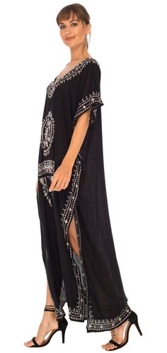 Made from a semi-sheer lightweight rayon material, this beach cover up will brighten up your summer wardrobe. Beautifully crafted to fit petite sizes to plus size. BOHO STYLE- Mandala print design makes this caftan fit for a bohemian goddess. Beautifully handcrafted art that you can wear. Easily upgrade your beachwear this summer with a comfortable and stylish lounge dress from SHU-SHI. TRAVEL-FRIENDLY- The lightweight beach dress makes it the ideal travel companion. Easily toss in your carry on Bohemian Rayon Cover-up For Vacation, Flowy Unlined Cover-up For Vacation, Flowy Long Cover-up For Vacation, Long Flowy Cover-up For Vacation, Bohemian V-neck Beach Dress In Rayon, Vacation Rayon Cover-up, Bohemian One Size Beach Season Cover-up, Festival Boho Print Beachwear Cover-up, Summer Beachwear Tunic For Beach Cover-up