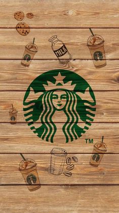 the starbucks logo is surrounded by coffee cups