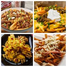 four different types of french fries with cheese and other foods in the same collage