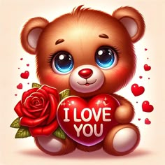 a brown teddy bear holding a red heart with the words i love you on it