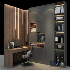 a room with a desk and shelves filled with books