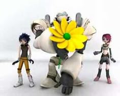 some cartoon characters are holding a yellow flower