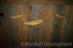 there are two fish on the wooden wall