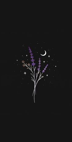 a purple flower with stars and the moon in the background