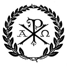 an emblem with the letter p and two crossed swords on it, surrounded by laurels