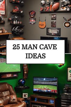 25 man cave decorating ideas with sports memorabilia, jerseys, and TV setups. Man Cave Sports Room, Mens Game Room Ideas, Sports Man Cave Ideas, Man Cave Design Ideas, Man Cave Decor Ideas, Under Tv Ideas, Sports Room Man Cave, Small Man Cave, Male Office Decor