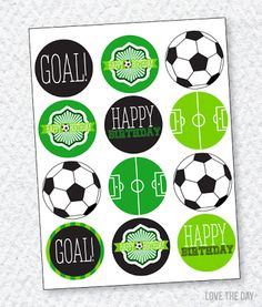 soccer stickers with the words goal happy birthday and green, black and white balls