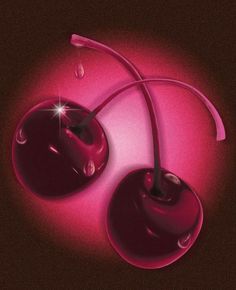 two cherries on a pink background with water droplets