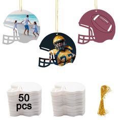 football ornament and other sports related items on white background with text that reads 50 pcs