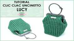 a crochet bag with a keychain attached to the front and side