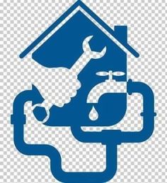 a blue and white water heater logo with an image of a house on it